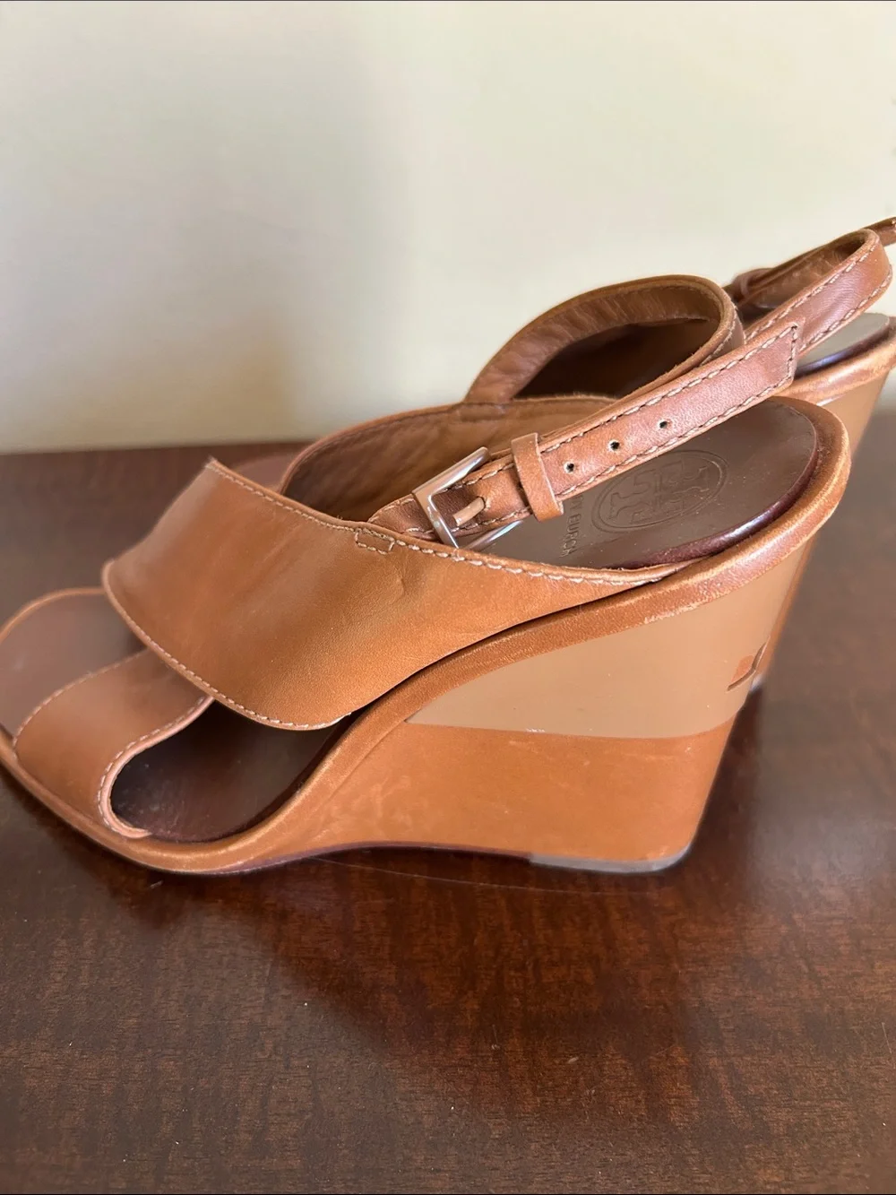 Tory Burch Brown Leather Wedge Sandals 3 1/2 inch heel.